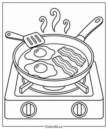 Frying Pan with Bacon and Eggs coloring page