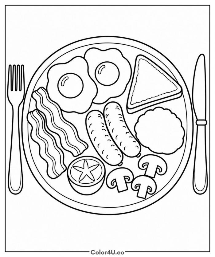 Full English breakfast plate with eggs, bacon and sausages, medium food coloring page, free printable