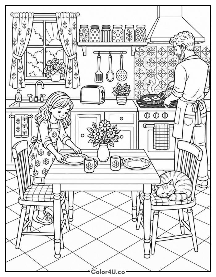 Family making breakfast in a cozy kitchen, detailed breakfast coloring page, free printable