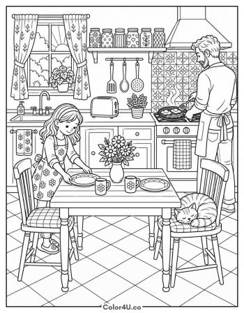 Family Kitchen Breakfast Morning coloring page