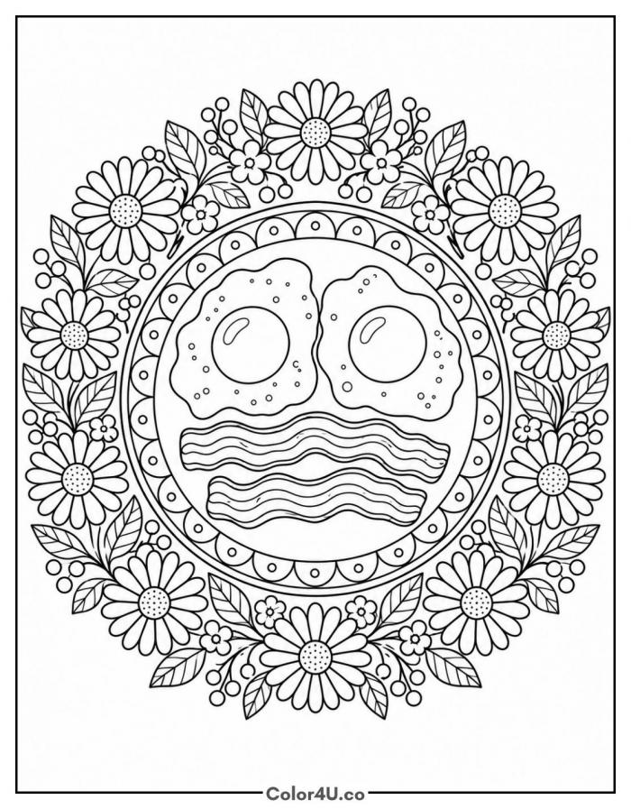 Bacon and eggs in a floral wreath, detailed breakfast coloring page, free printable