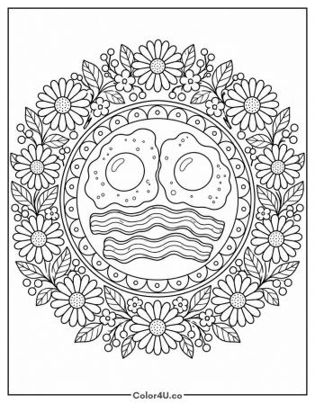 Floral Bacon and Eggs Plate coloring page