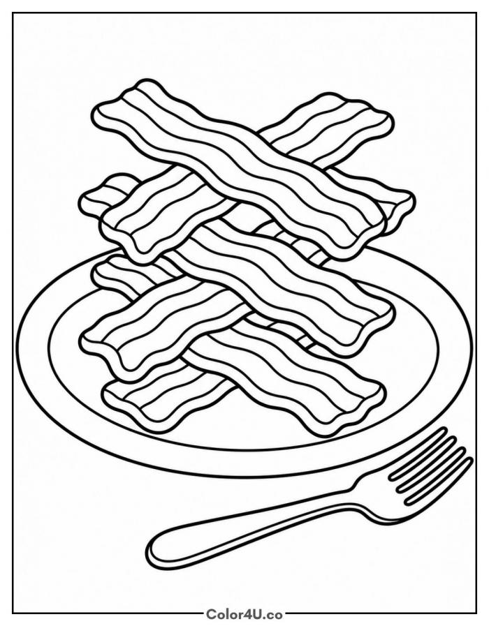Plate piled high with bacon strips and a fork, easy breakfast coloring page, free printable