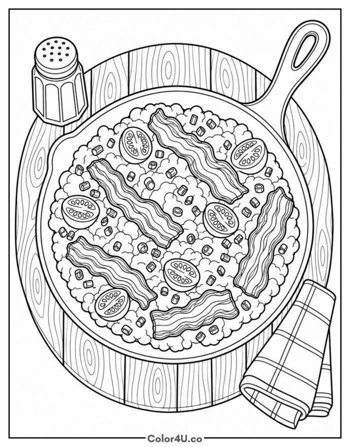 Scrambled eggs and bacon in a cast iron skillet, detailed breakfast coloring page, free printable