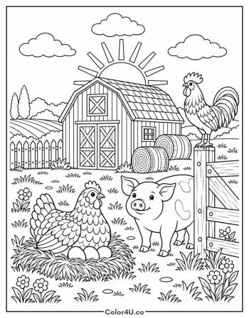 Farmyard Morning with Hen and Pig coloring page