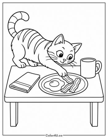 Cat Sneaking Bacon off the Plate coloring page