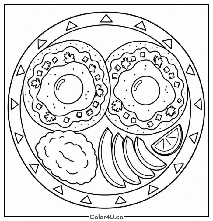 Huevos rancheros plate with avocado and lime, medium breakfast coloring page, free printable
