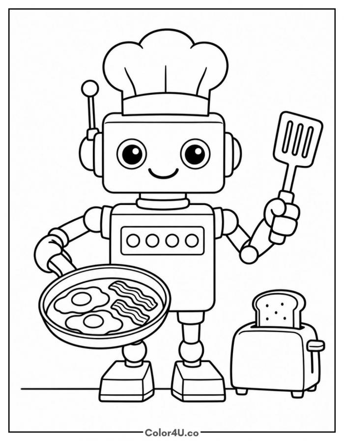 Robot chef cooking bacon and eggs, medium breakfast coloring page, free printable