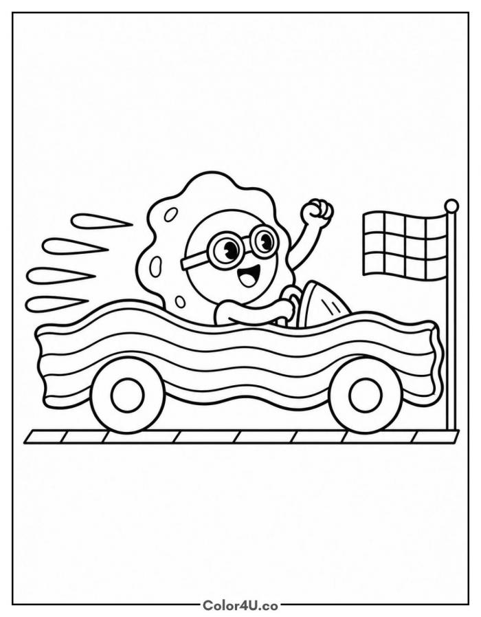 Fried egg driving a bacon race car, easy breakfast coloring page, free printable