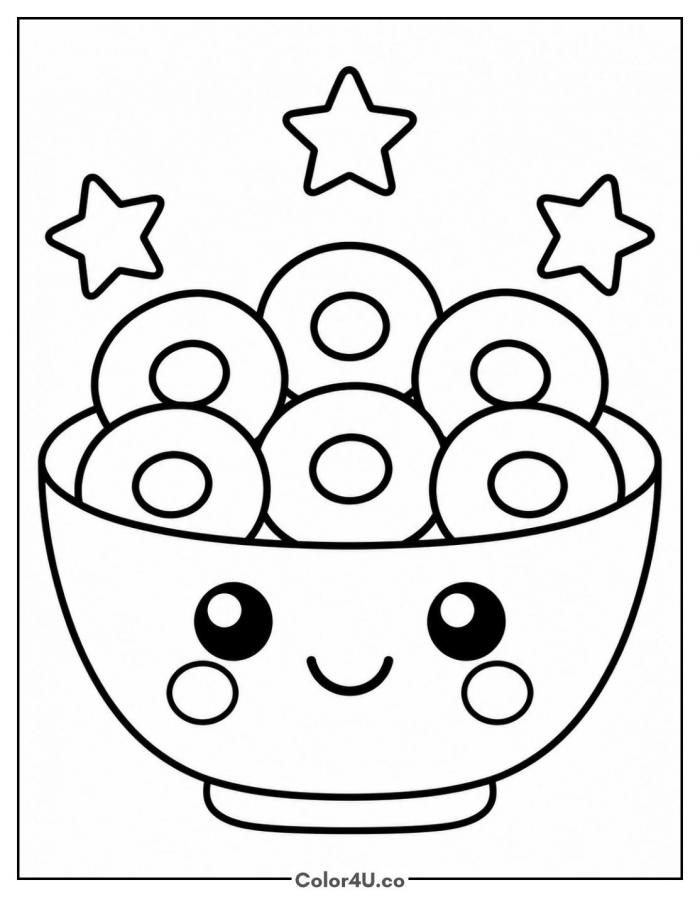 Kawaii cereal bowl smiling under stars, easy cereal coloring page, free printable