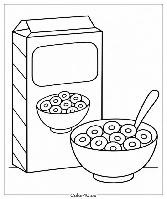 Cereal box and full bowl with spoon, medium cereal coloring page, free printable