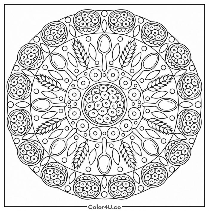 Cereal mandala with spoons, wheat, and bowls, detailed cereal coloring page, free printable