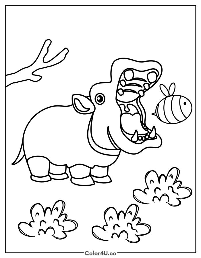 Hippo mouth open trying to catch a bee, easy hippo coloring page, free printable