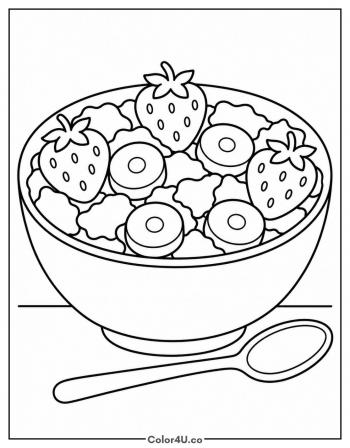 Cereal Bowl with Strawberries and Banana coloring page