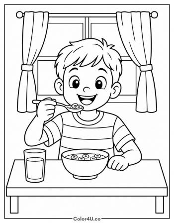 Kid Eating Cereal at the Table coloring page
