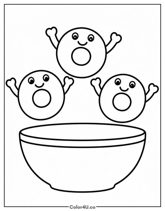 Three happy cereal loop characters above a bowl, easy cereal coloring page, free printable