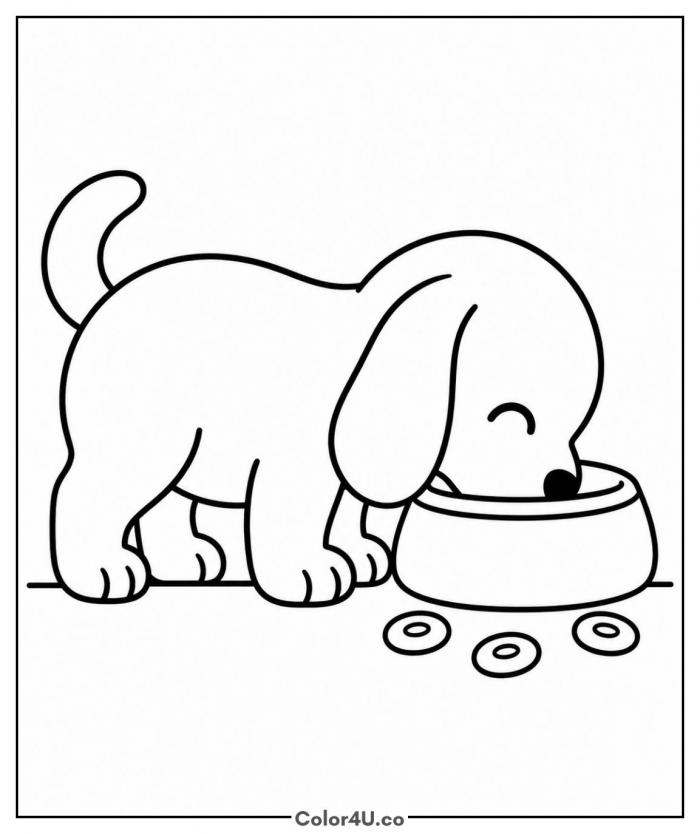 Puppy eating cereal from a bowl, easy cereal coloring page, free printable