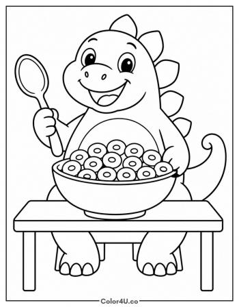 Dinosaur Eating a Giant Bowl of Cereal coloring page