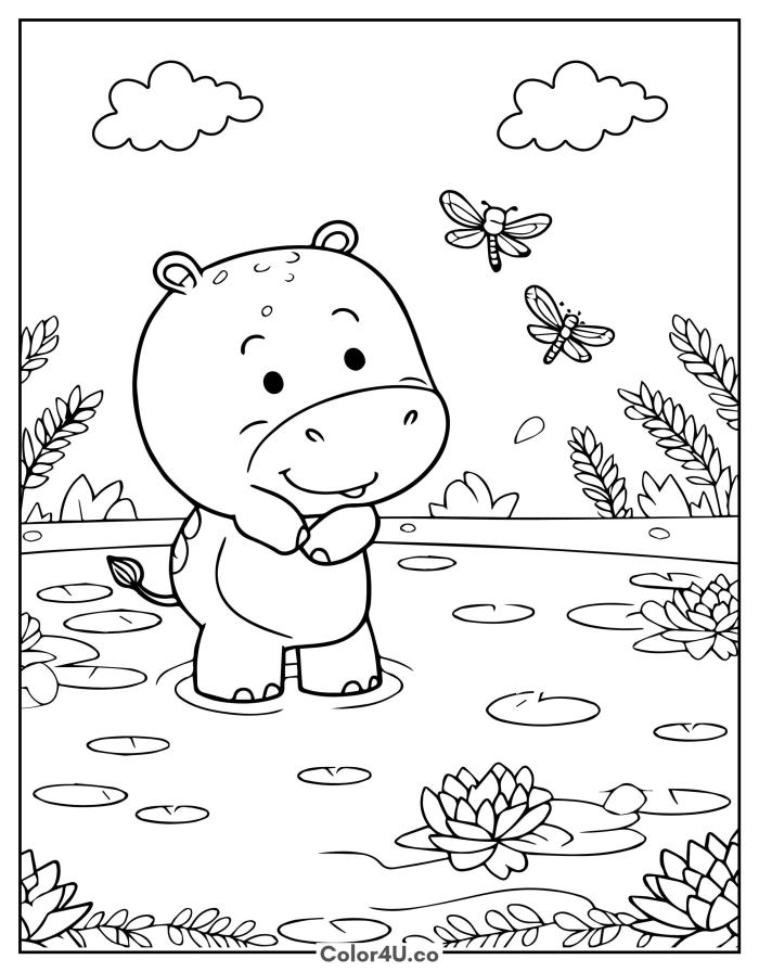 Cute baby hippo standing in a lily pond, medium hippo coloring page, free printable