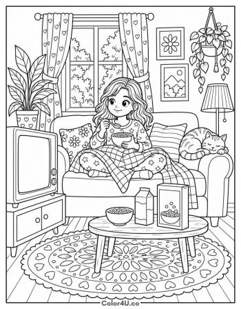 Saturday Morning Cereal on the Couch coloring page