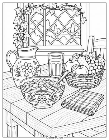 Breakfast Table Still Life with Cereal coloring page
