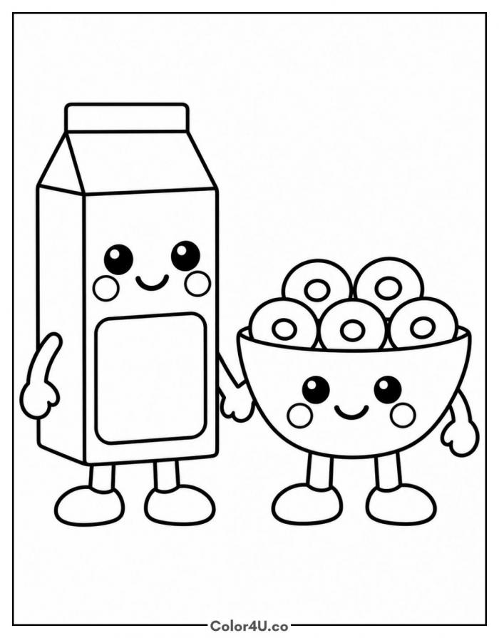 Milk carton and cereal bowl friends holding hands, easy cereal coloring page, free printable