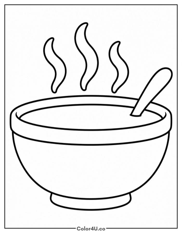 Steaming soup bowl with spoon, easy soup coloring page, free printable