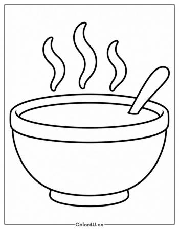 Steaming Soup Bowl with Spoon coloring page