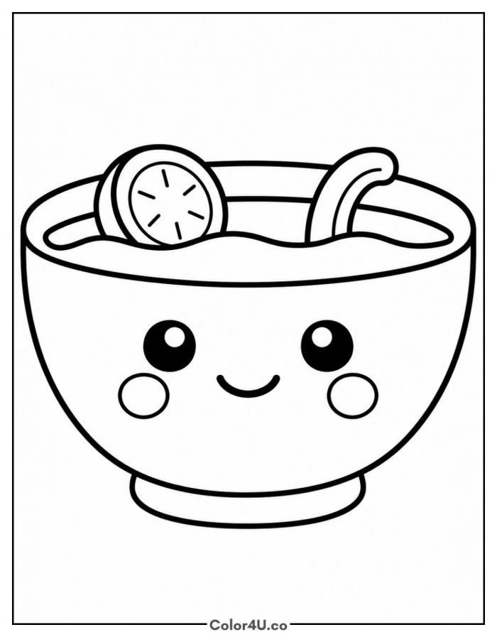 Kawaii happy soup bowl with a smiling face, easy soup coloring page, free printable