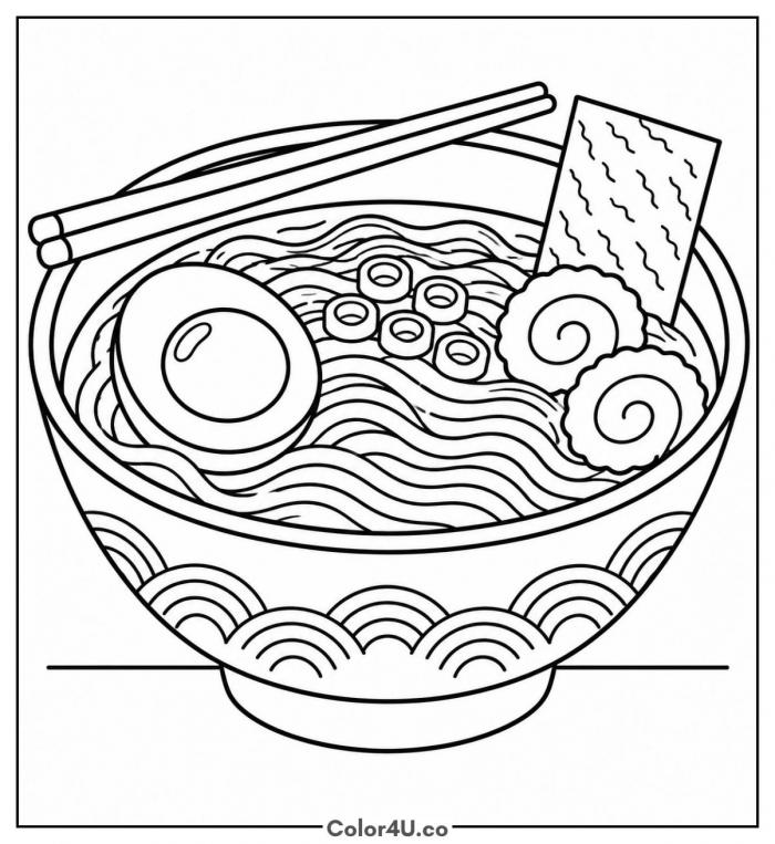 Ramen bowl with egg and chopsticks, medium soup coloring page, free printable