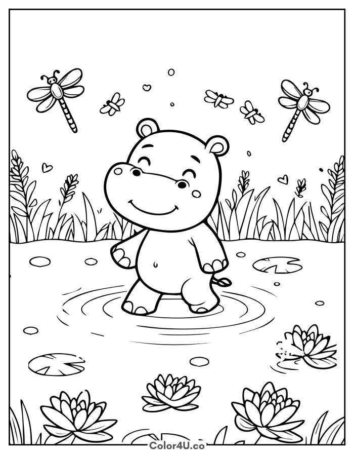Happy hippo splashing in a pond with dragonflies, medium hippo coloring page, free printable