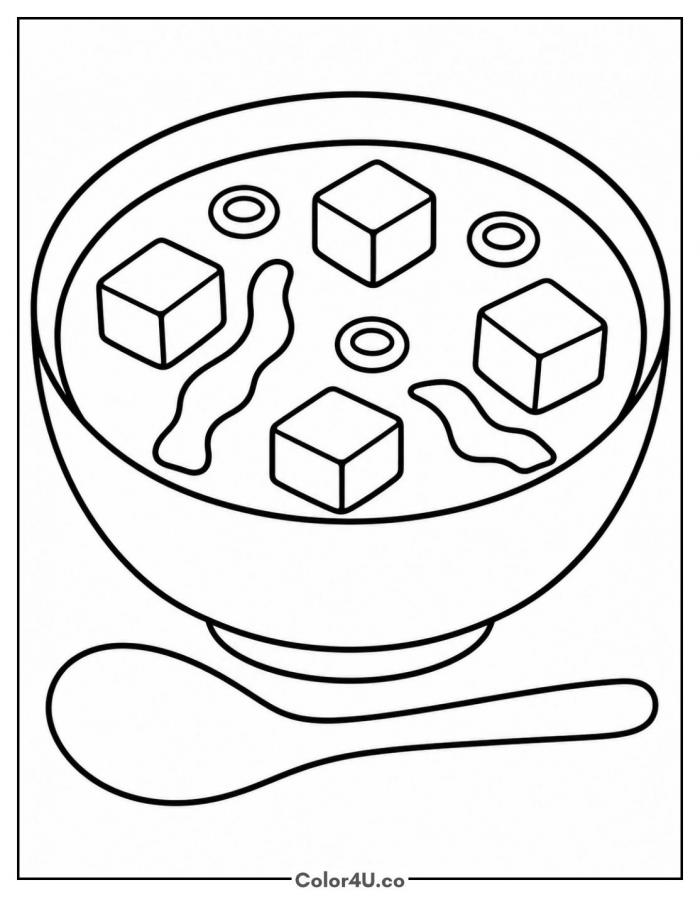 Miso soup with tofu and seaweed, easy soup coloring page, free printable