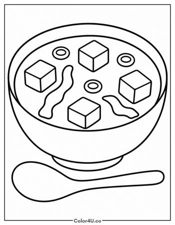 Miso Soup with Tofu and Seaweed coloring page