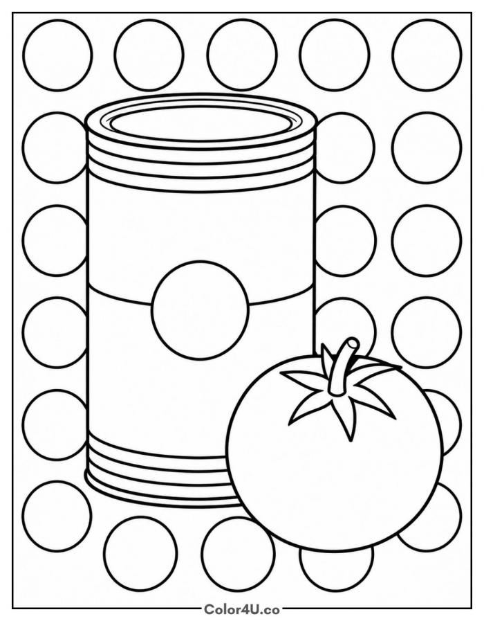 Pop art tomato soup can with tomato, medium soup coloring page, free printable