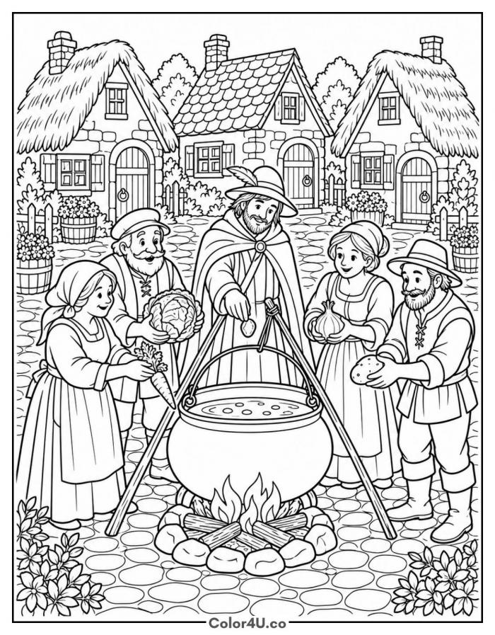 Villagers making stone soup around a cauldron, detailed soup coloring page, free printable