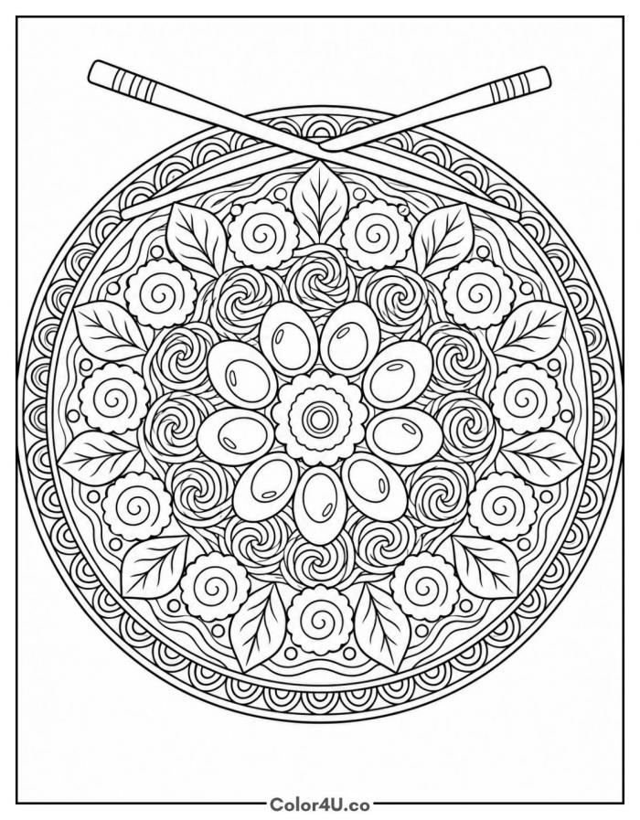 Ramen bowl mandala with eggs and chopsticks, detailed soup coloring page, free printable