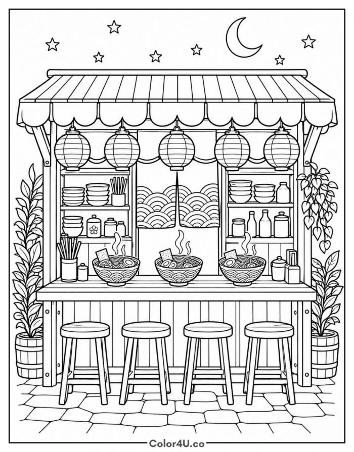 Ramen noodle stand at night with lanterns and stools, detailed soup coloring page, free printable