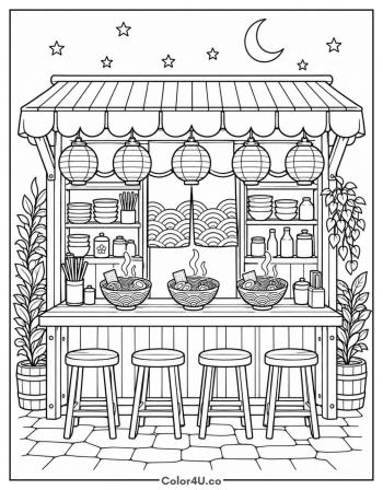 Ramen Noodle Stand at Night coloring page