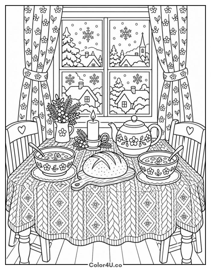 Cozy winter soup supper by a snowy window, detailed soup coloring page, free printable