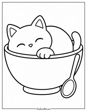 Cat Napping in a Soup Bowl coloring page