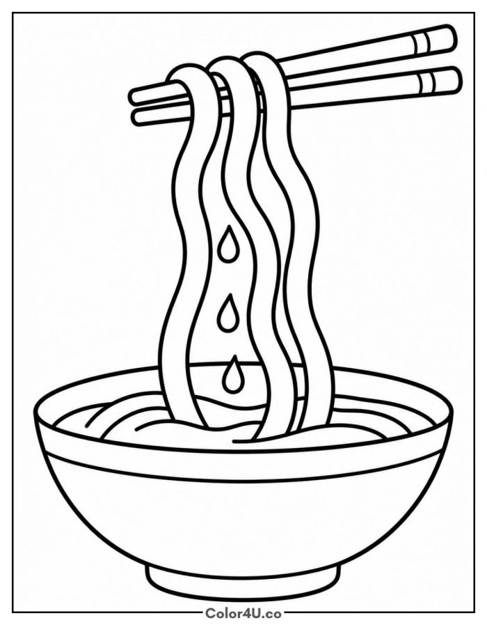 Chopsticks lifting noodles from a bowl, easy soup coloring page, free printable