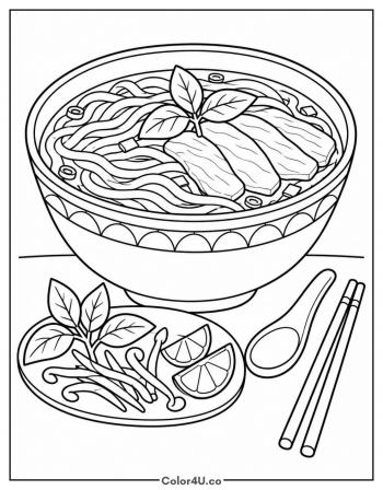 Pho Bowl with Herbs and Lime coloring page