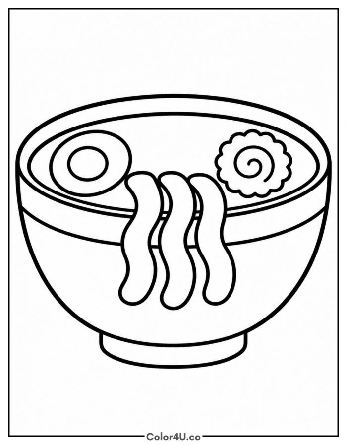 Easy ramen bowl with big noodles, simple ramen coloring page