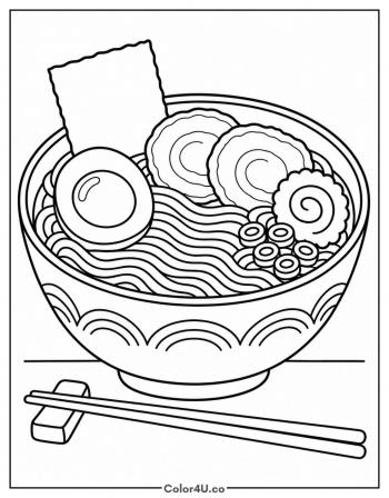 Classic Ramen Bowl with Egg and Nori coloring page