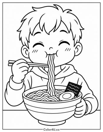 Kid Slurping Ramen Noodles coloring page