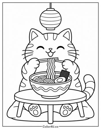 Cat Eating Ramen with Chopsticks coloring page