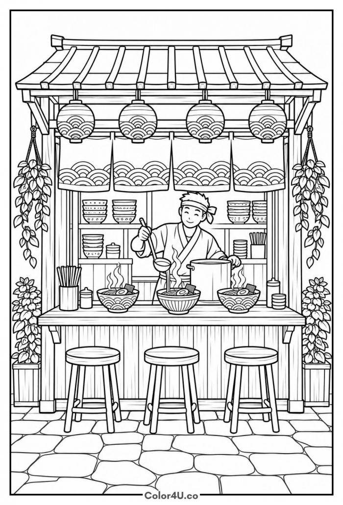 Ramen street stand with paper lanterns, detailed ramen coloring page