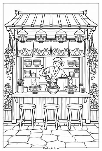 Ramen Street Stand with Lanterns coloring page