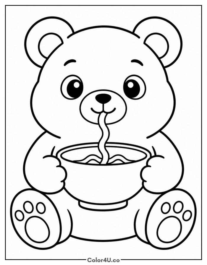 Bear cub holding a ramen bowl, easy ramen coloring page