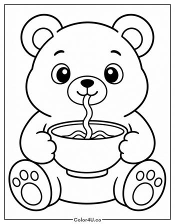 Bear Cub Holding a Ramen Bowl coloring page